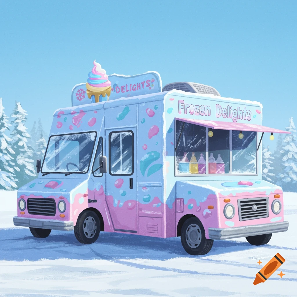 A pink and blue frozen yogurt truck sits in a snowy landscape.