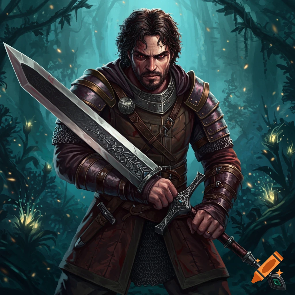 A man in fantasy armor holds a large sword in a dark forest.