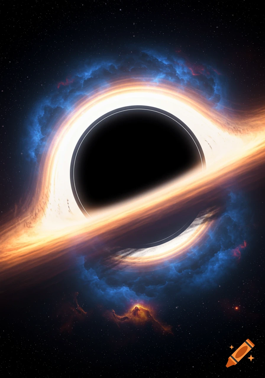 Image of a supermassive black hole with a bright accretion disk and surrounding nebula and stars.