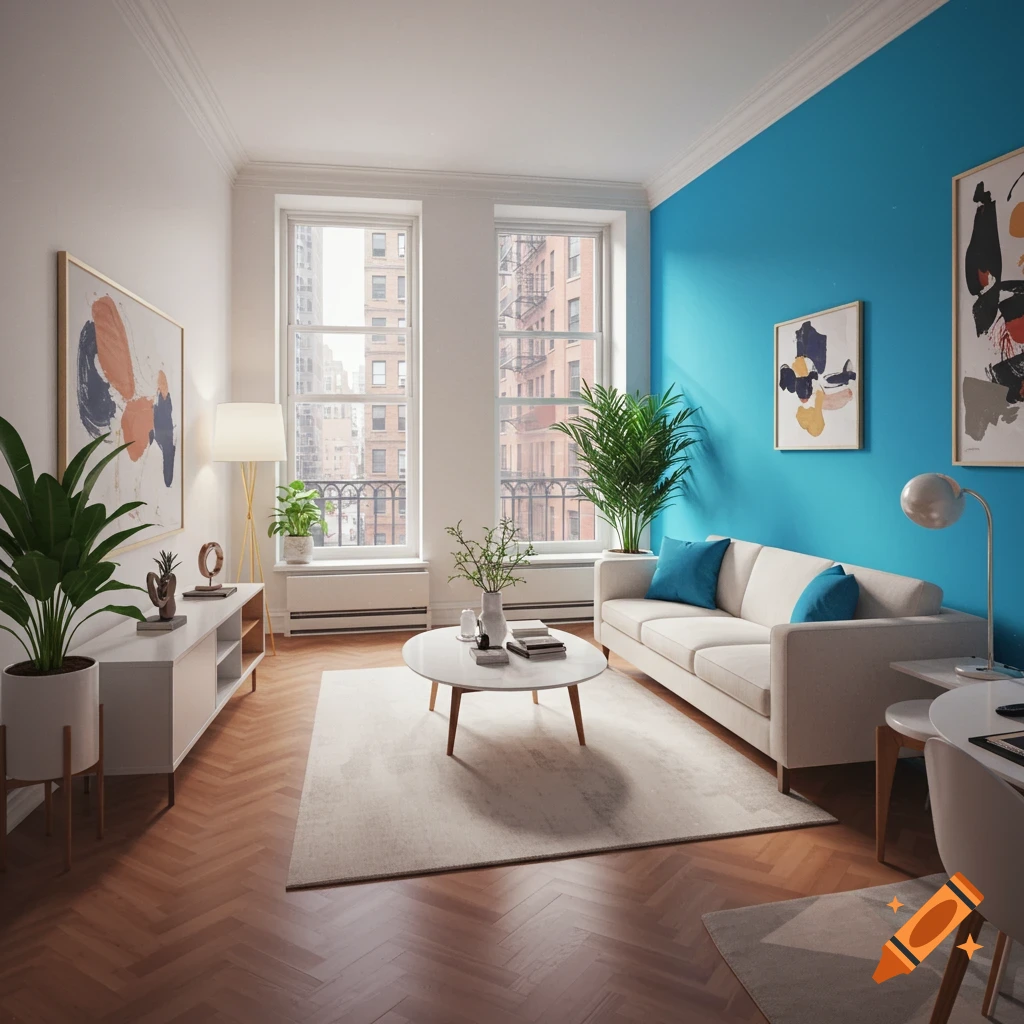 Modern living room with blue accent wall, white sofa, plants, and abstract art.