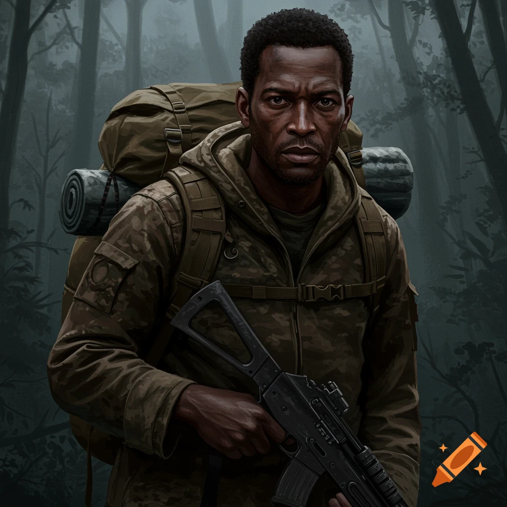 A dark-skinned man in camouflage with a backpack and rifle stands in a foggy forest.
