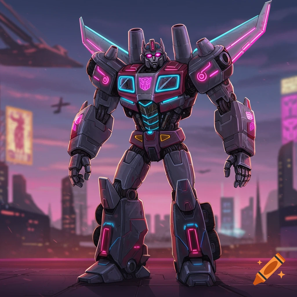 A robot in a city at sunset with neon lights.
