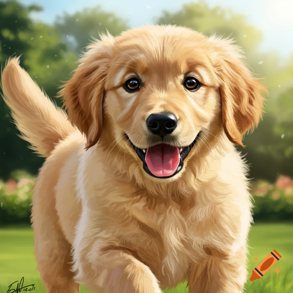 A golden retriever puppy smiles happily.
