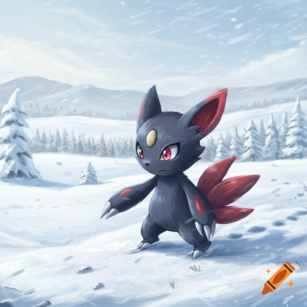 A Sneasel stands in a snowy tundra.