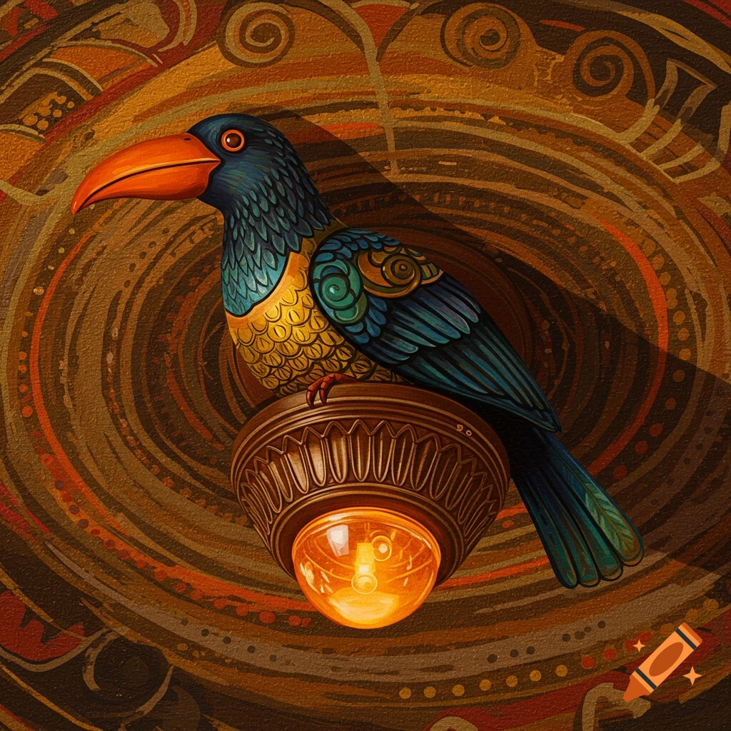 A colorful bird perched on an antique-style light fixture against a patterned background.