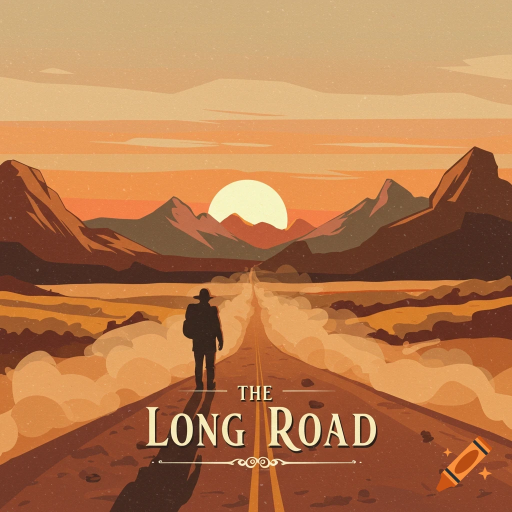 Stylized art of a person walking down a long desert road towards a sunset, with mountains and text 'THE LONG ROAD'.