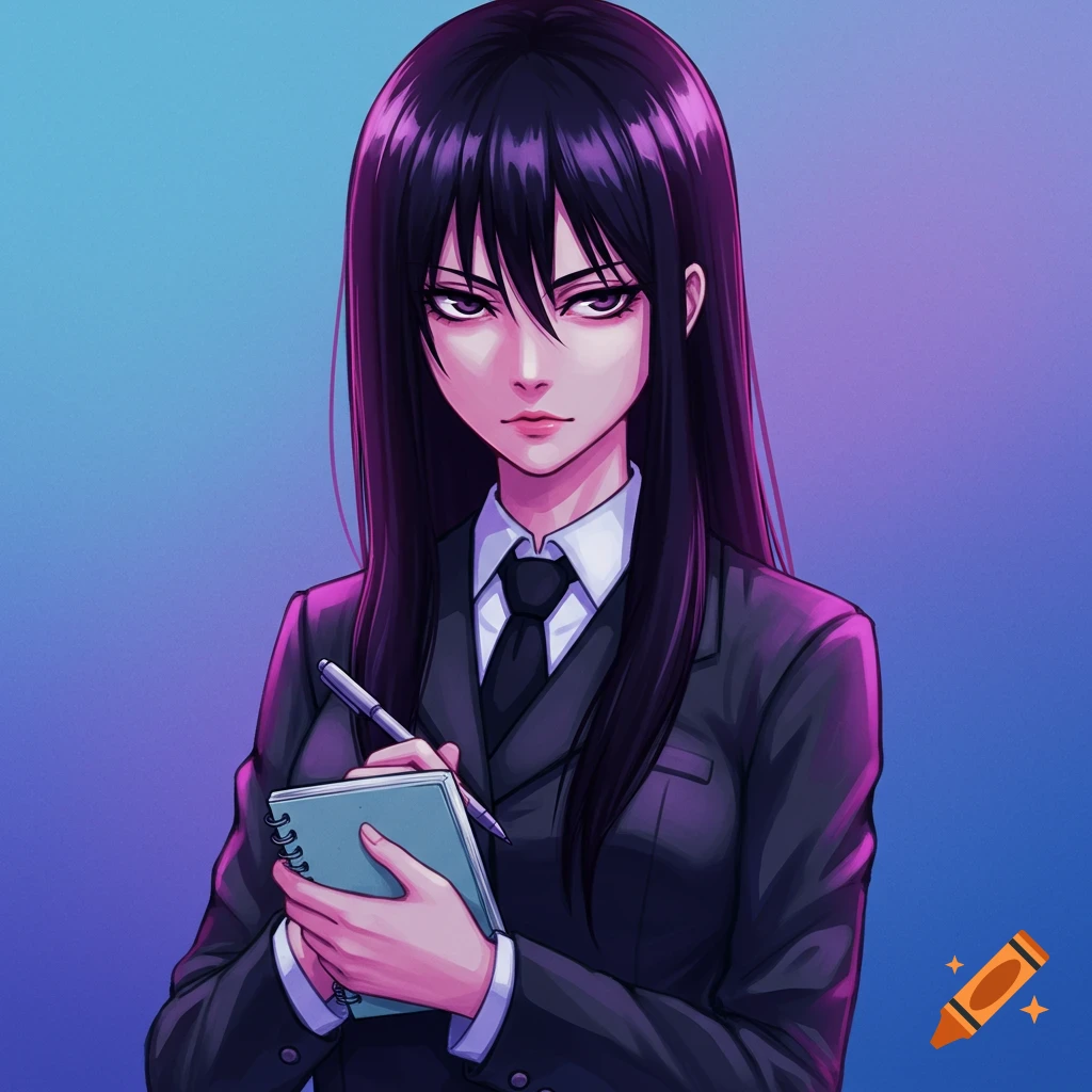 Anime style portrait of a woman in a suit holding a notebook and pen.