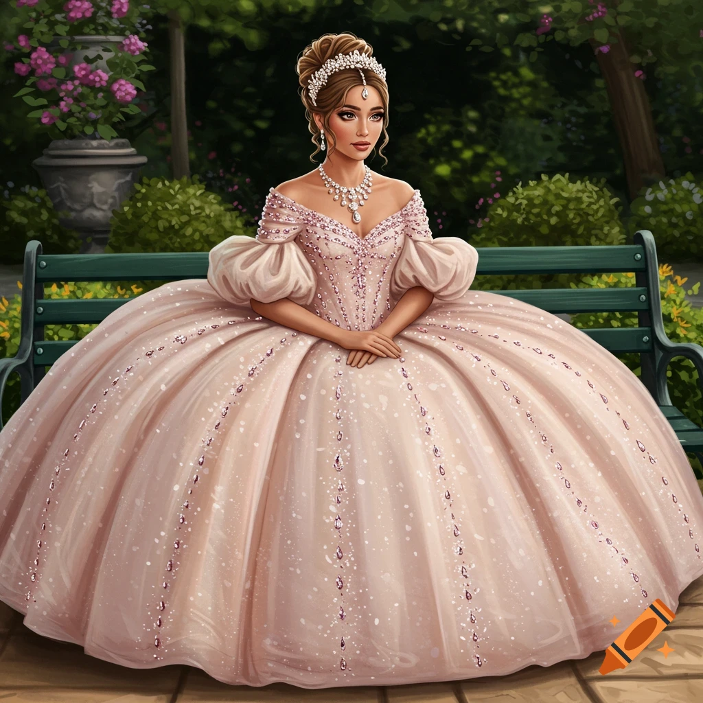 A young woman in a large blush ballgown with diamonds sits on a bench in a garden.