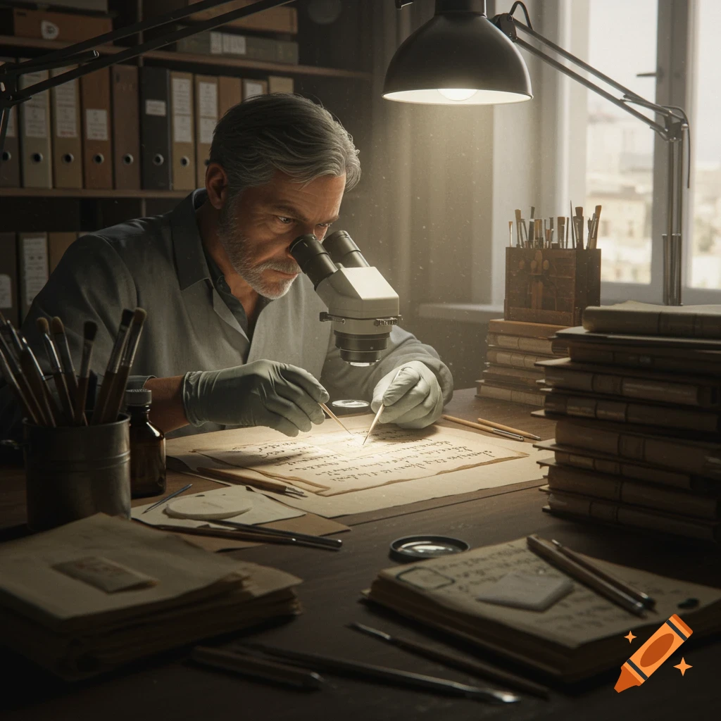 A man wearing gloves uses a microscope to examine an old handwritten manuscript under a lamp in a dimly lit room.