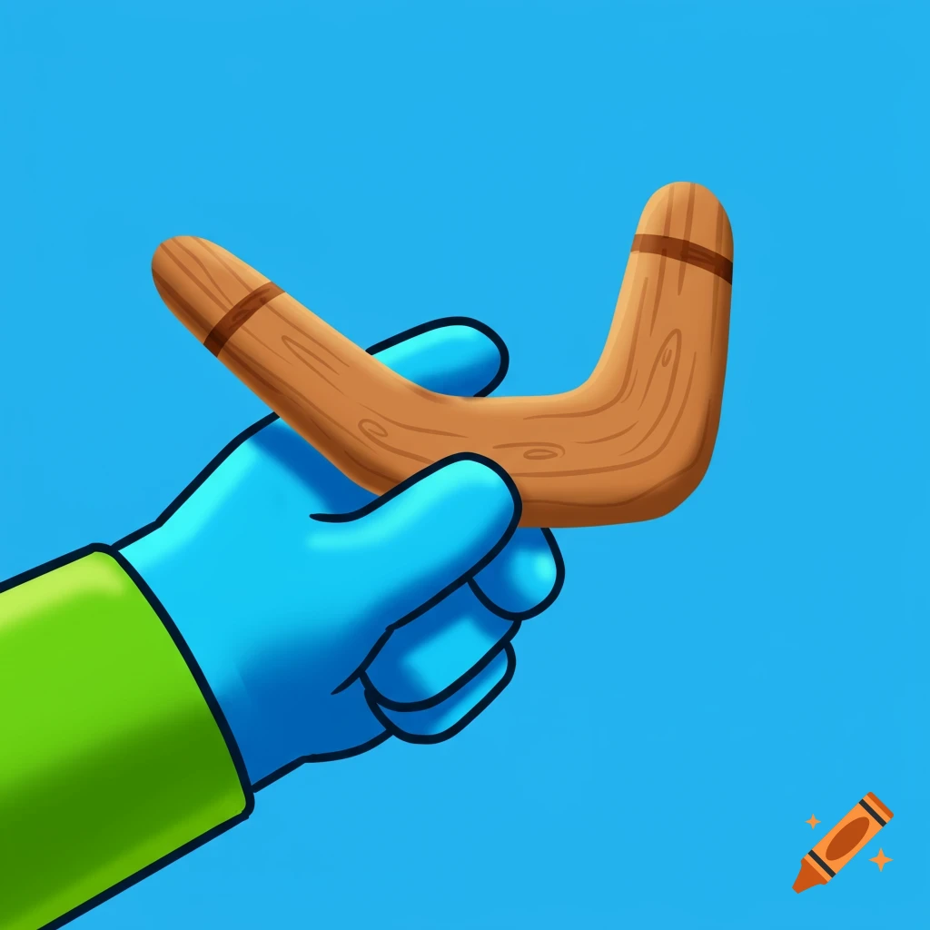 A cartoon hand holds a wooden boomerang