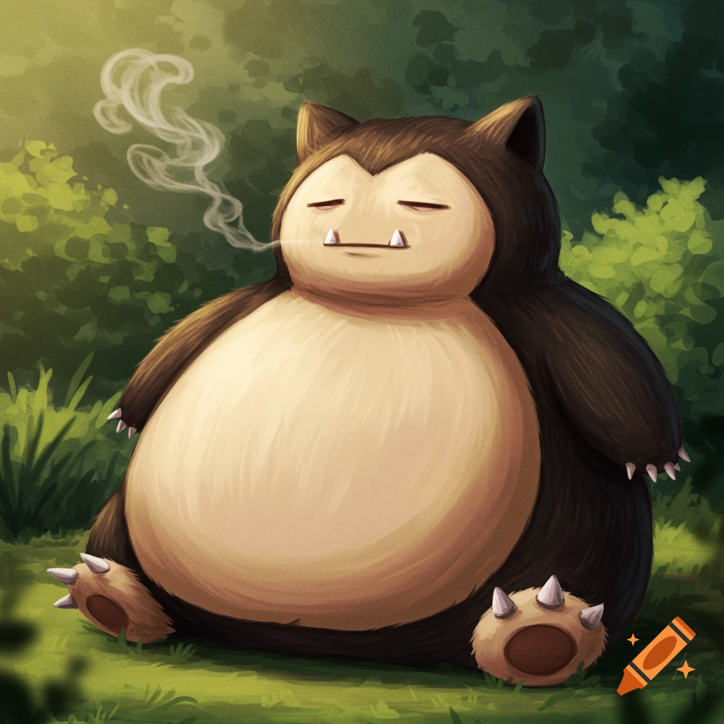 Snorlax sitting in a forest smoking.