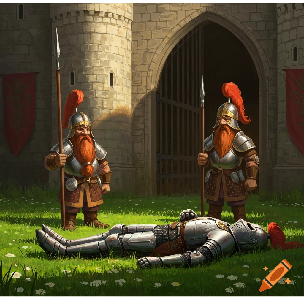 Two dwarf guards with spears stare at a fallen knight in armor on the grass in front of a castle gate.