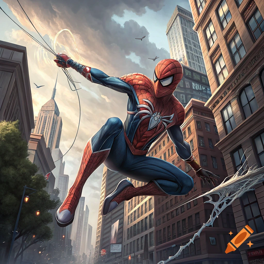 Spiderman swings through a city between tall buildings.