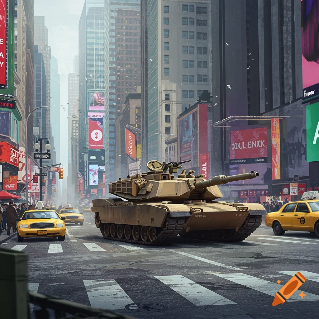 A military tank driving down a busy city street with taxis and tall buildings.