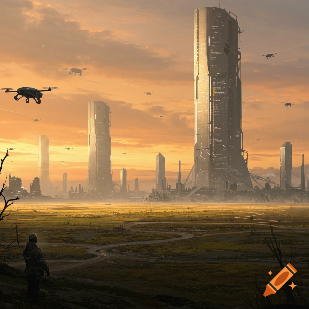 A futuristic city skyline with tall buildings, drones, and a person in a grassy field at sunset.