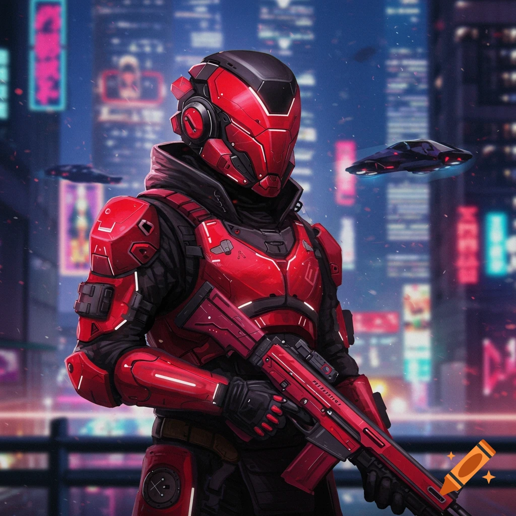 Futuristic soldier in red and black armor stands in a cyberpunk city.