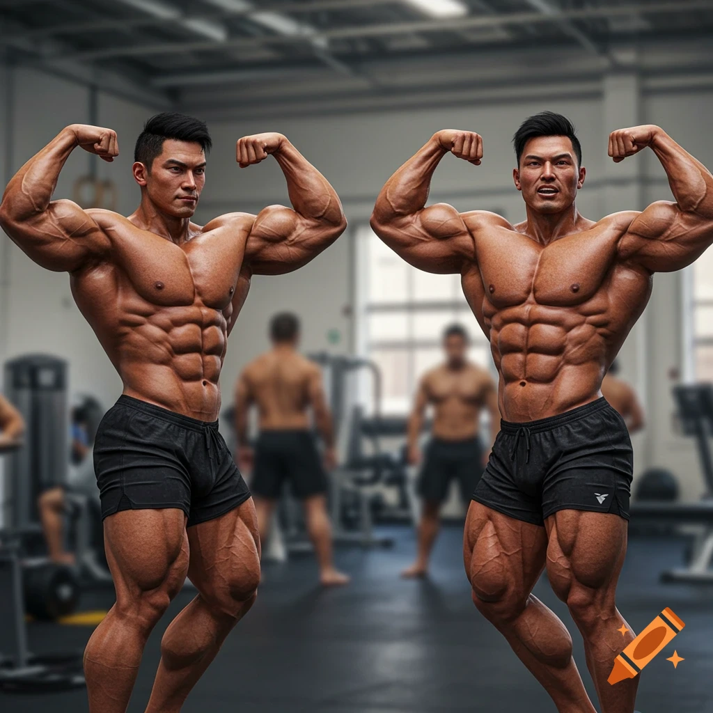 Two muscular men posing in a gym, flexing arms, photorealistic style