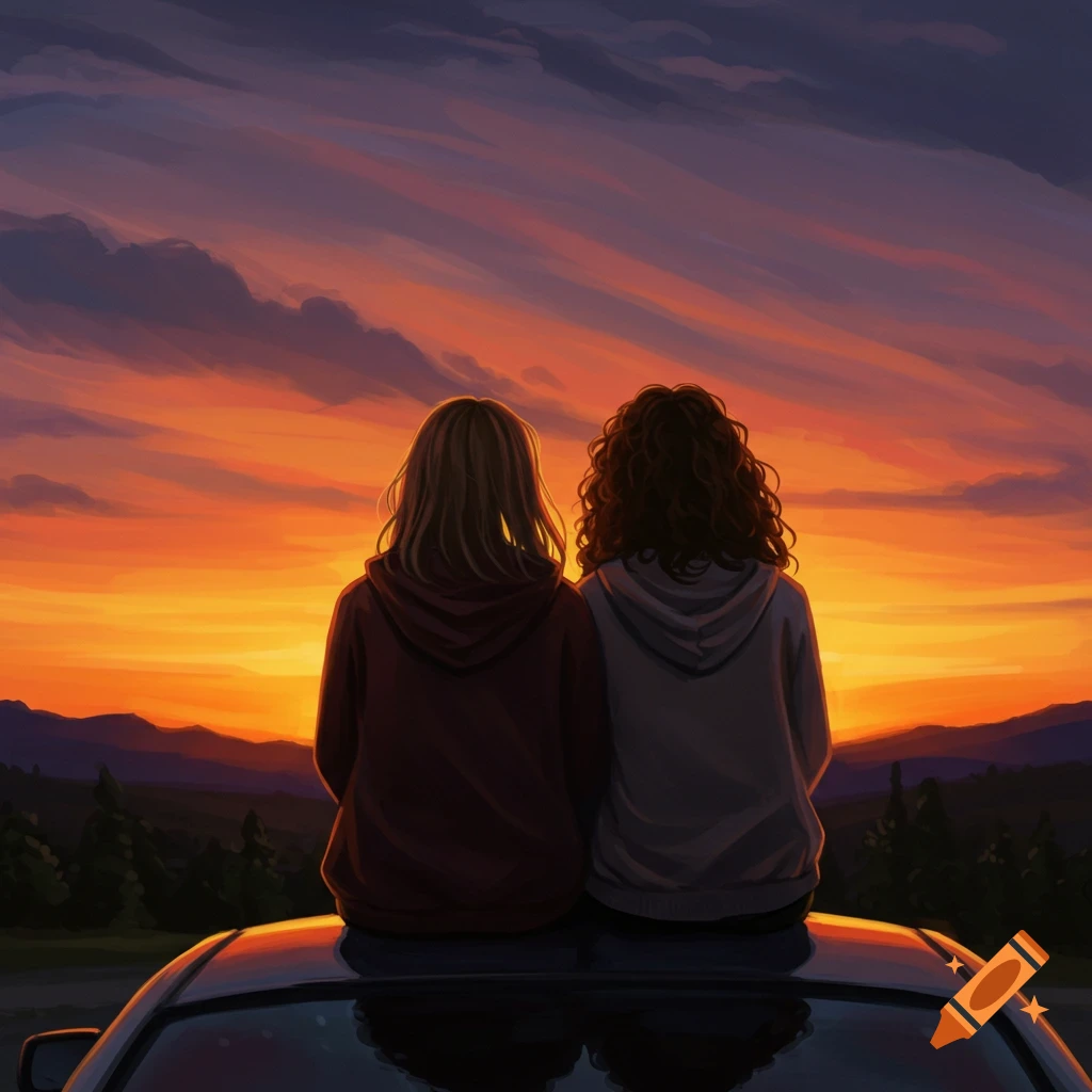 Two people sit on a car's roof looking at a vivid sunset over mountains.