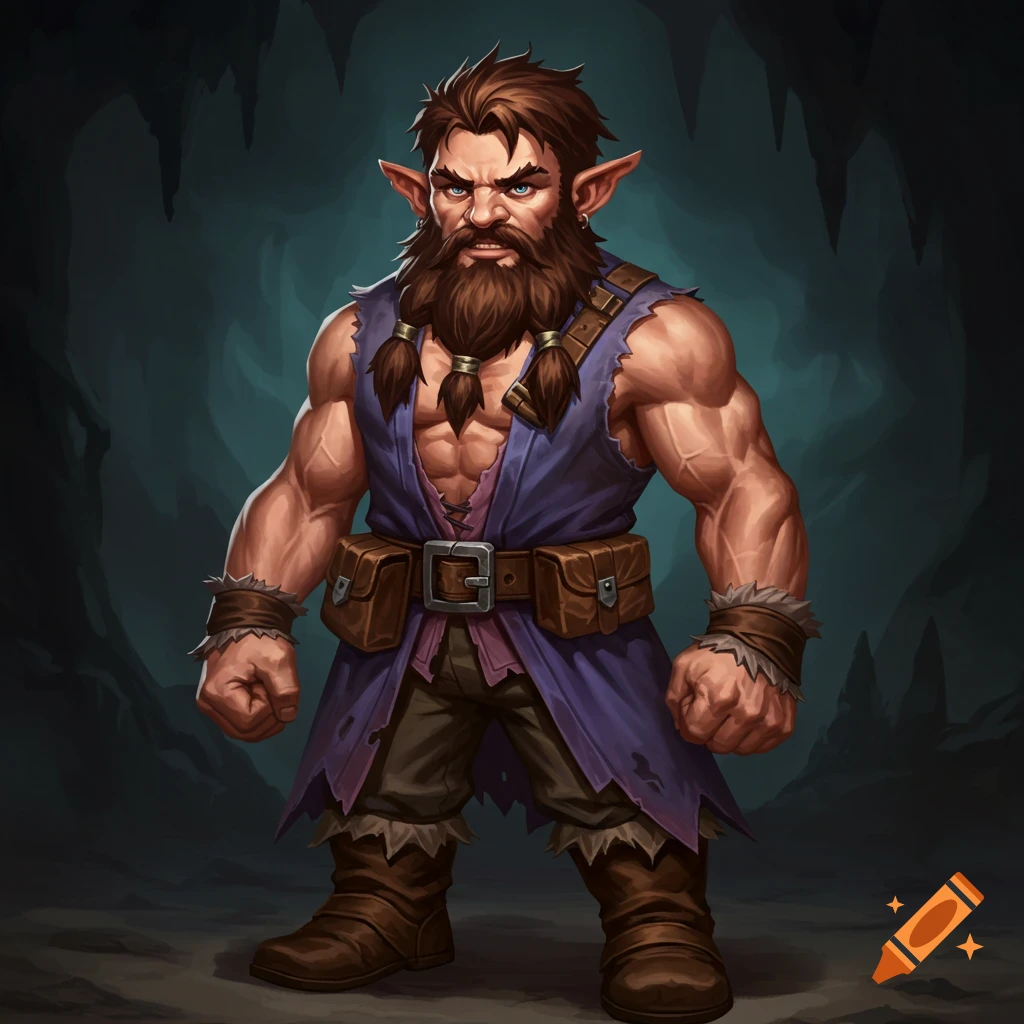 Muscular gnome barbarian with beard in sleeveless tunic standing in cave.