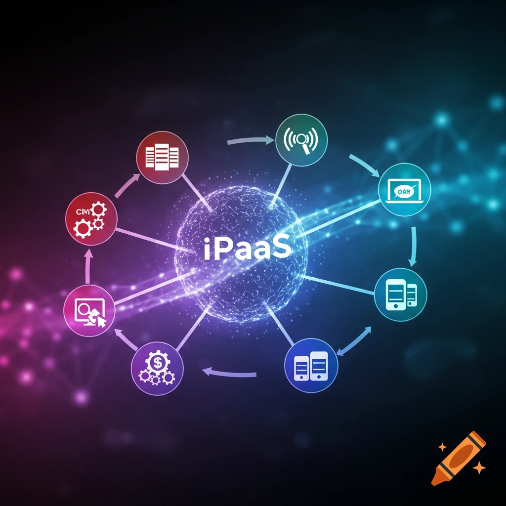 Digital diagram showing iPaaS concept with interconnected technology icons on a network background.