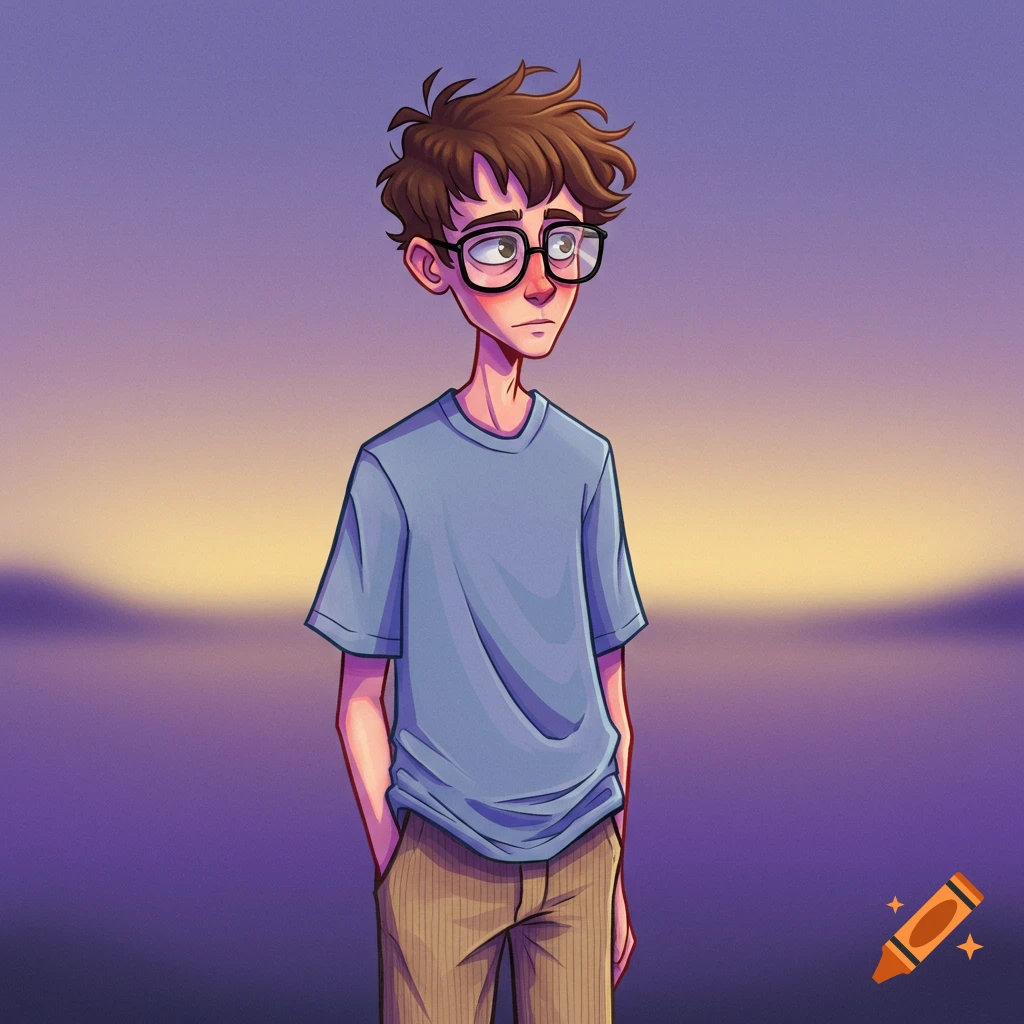 A skinny person with glasses stands against a sunset background.