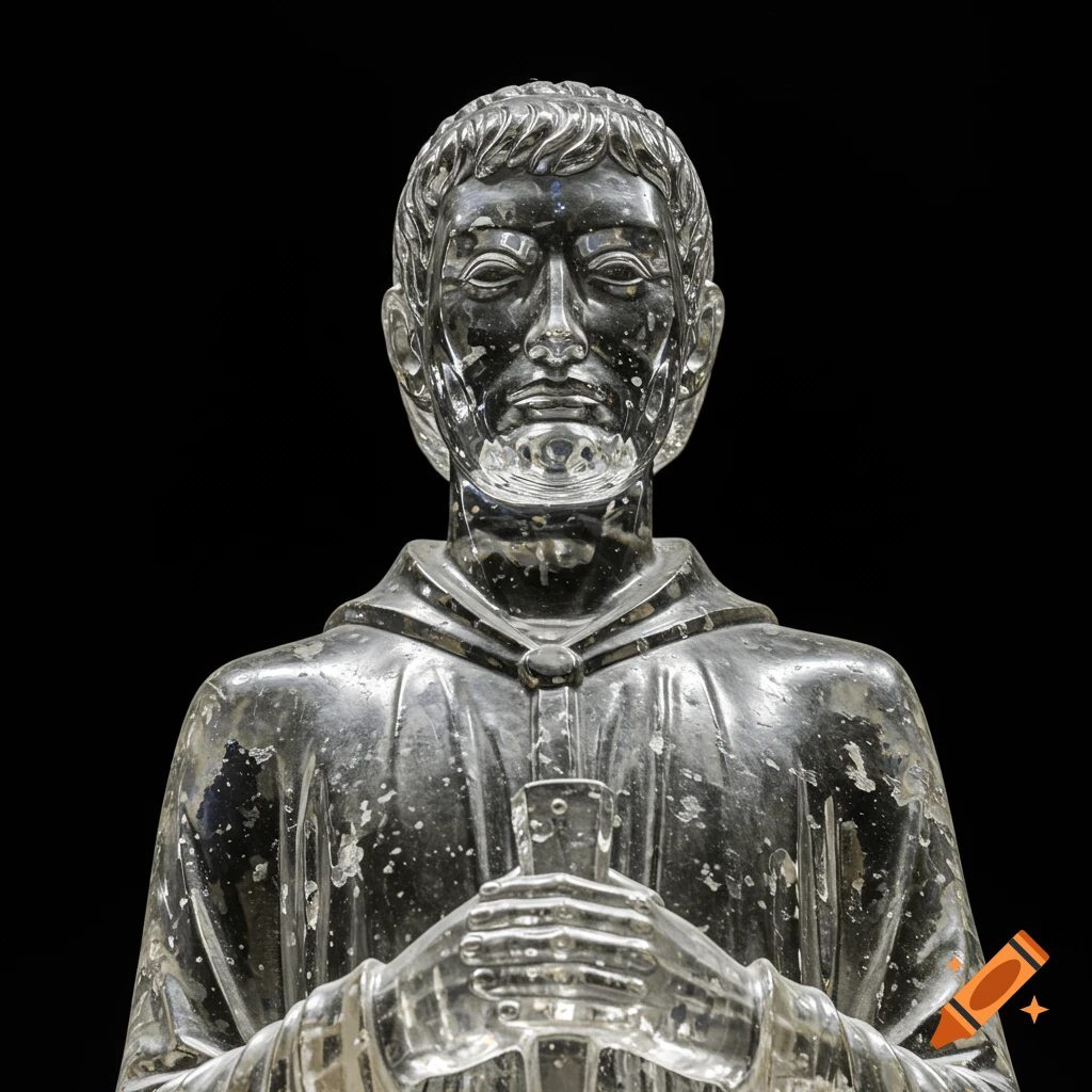 Close-up photo of a detailed clear crystal statue of a man in a robe.