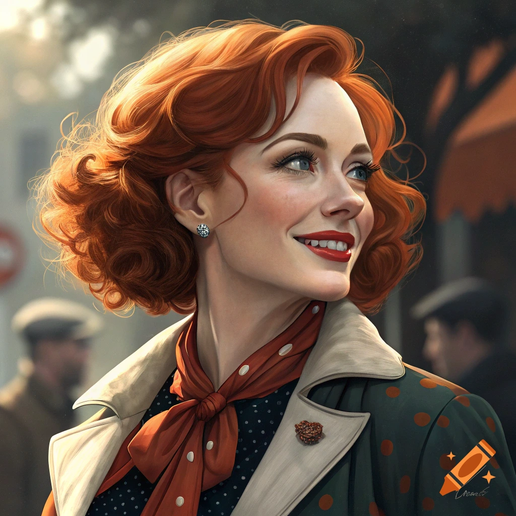 A smiling woman with red hair in a vintage coat and scarf looks to the side.