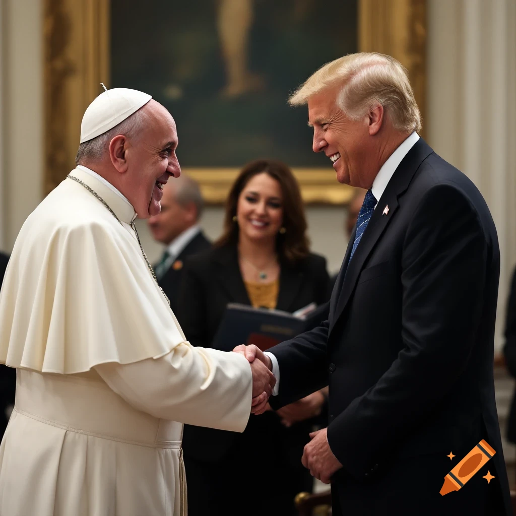 Pope Francis smiles and shakes hands with a man in a suit in an official setting.