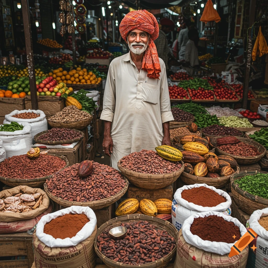 A man wearing an orange turban stands in a market stall filled with bags and baskets of produce, nuts, and powders.