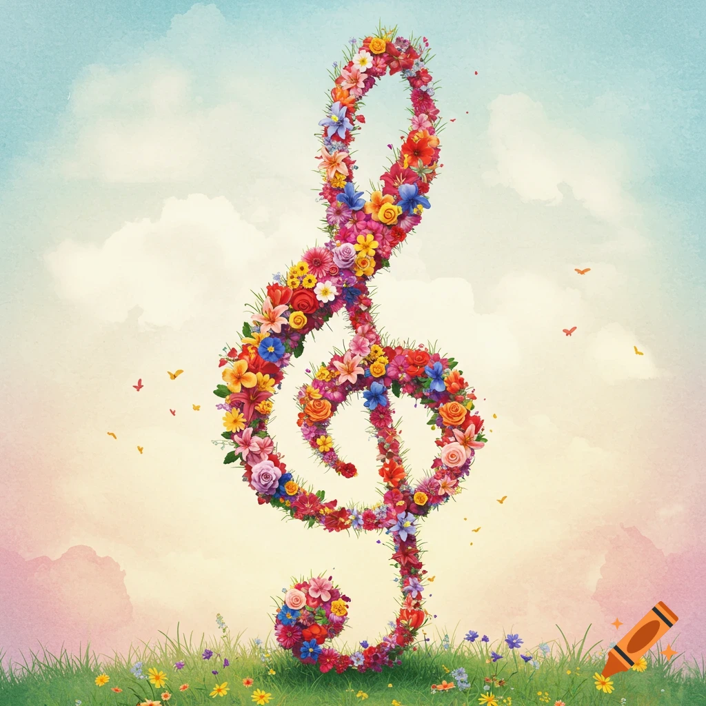 A treble clef made of colorful flowers stands on a grassy hill with butterflies under a sky with clouds.
