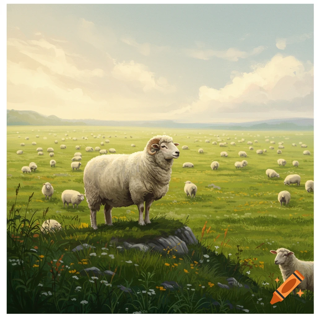 A sheep overlooks a herd in a green field.