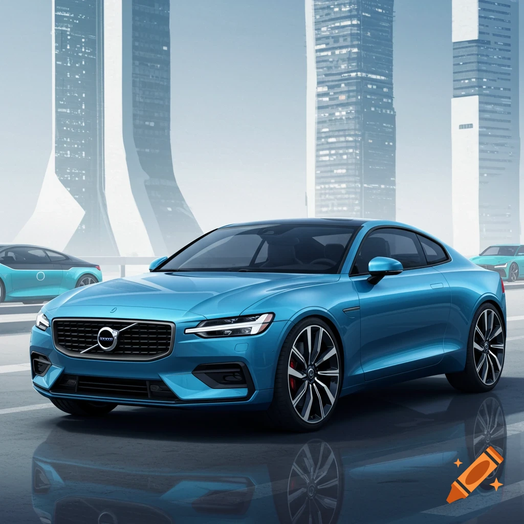 A blue Volvo coupe concept in a modern cityscape, digital art.