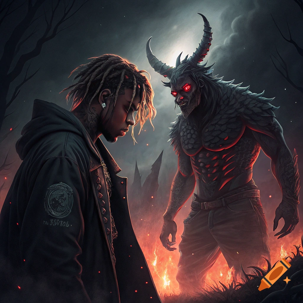 A young man faces a demon in a fiery, dark landscape.