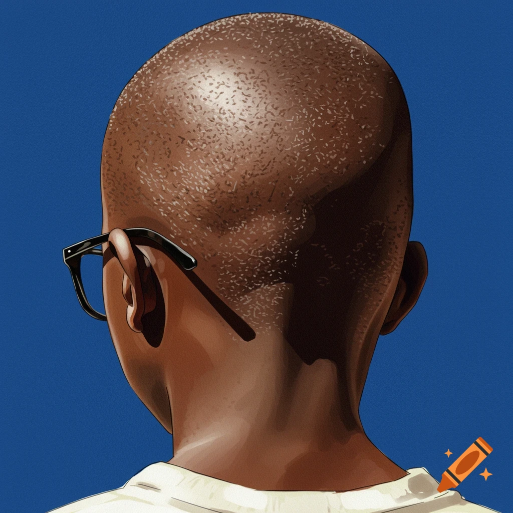 The back of a bald young Black boy's head is shown, he is wearing glasses against a blue background.
