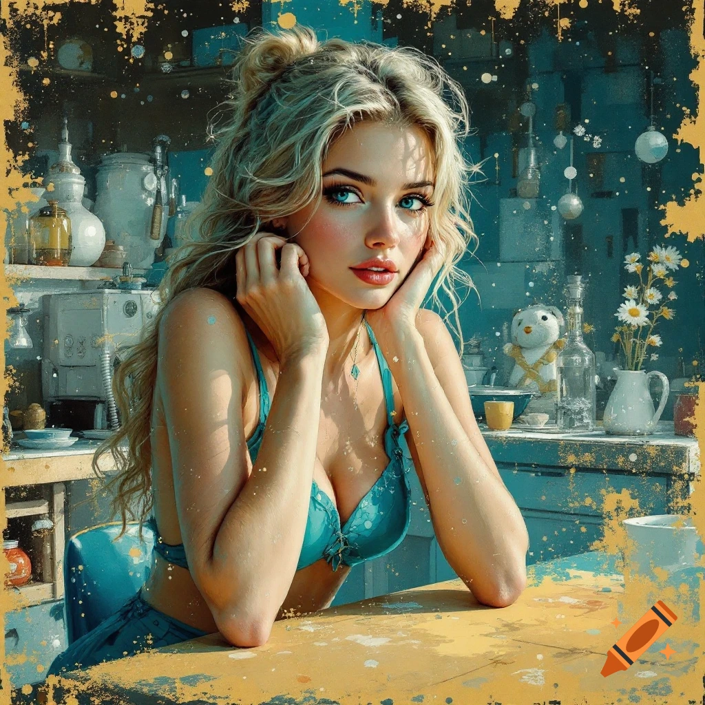 Glamorous portrait of a blonde woman in a blue bikini top leaning on a counter.