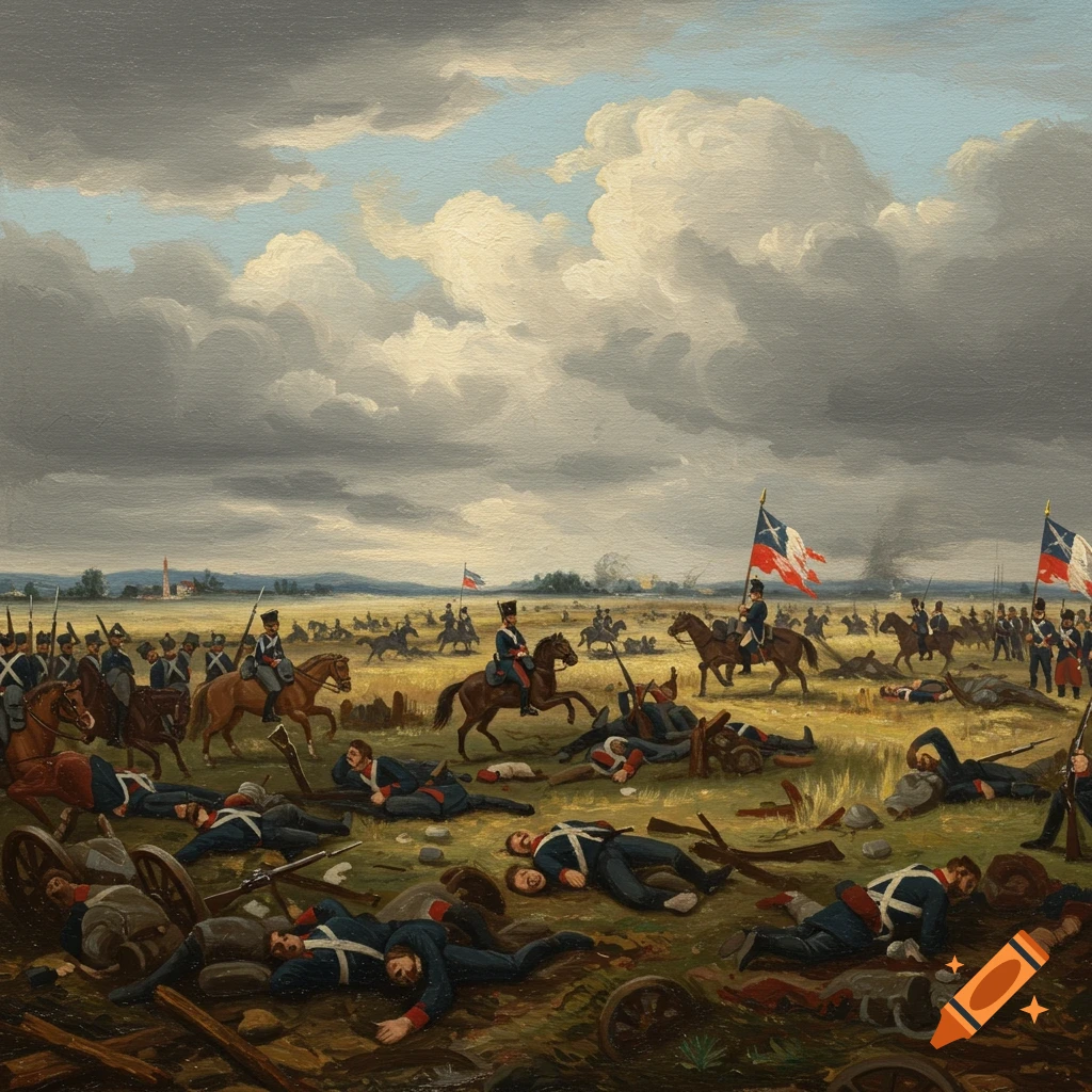 A painting of a battlefield after a battle with fallen soldiers and soldiers on horseback.