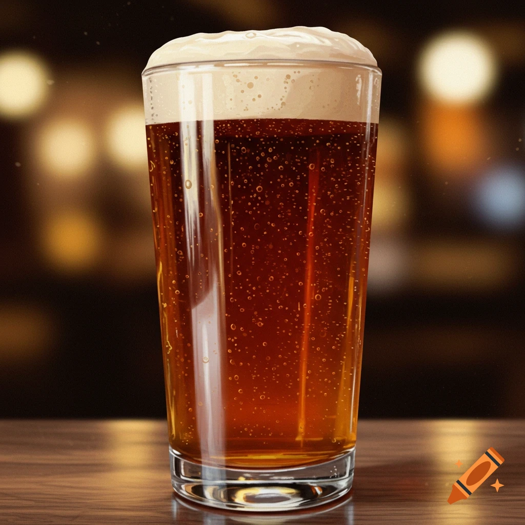 A glass of beer with foam and bubbles on a wooden table, with a blurred background.