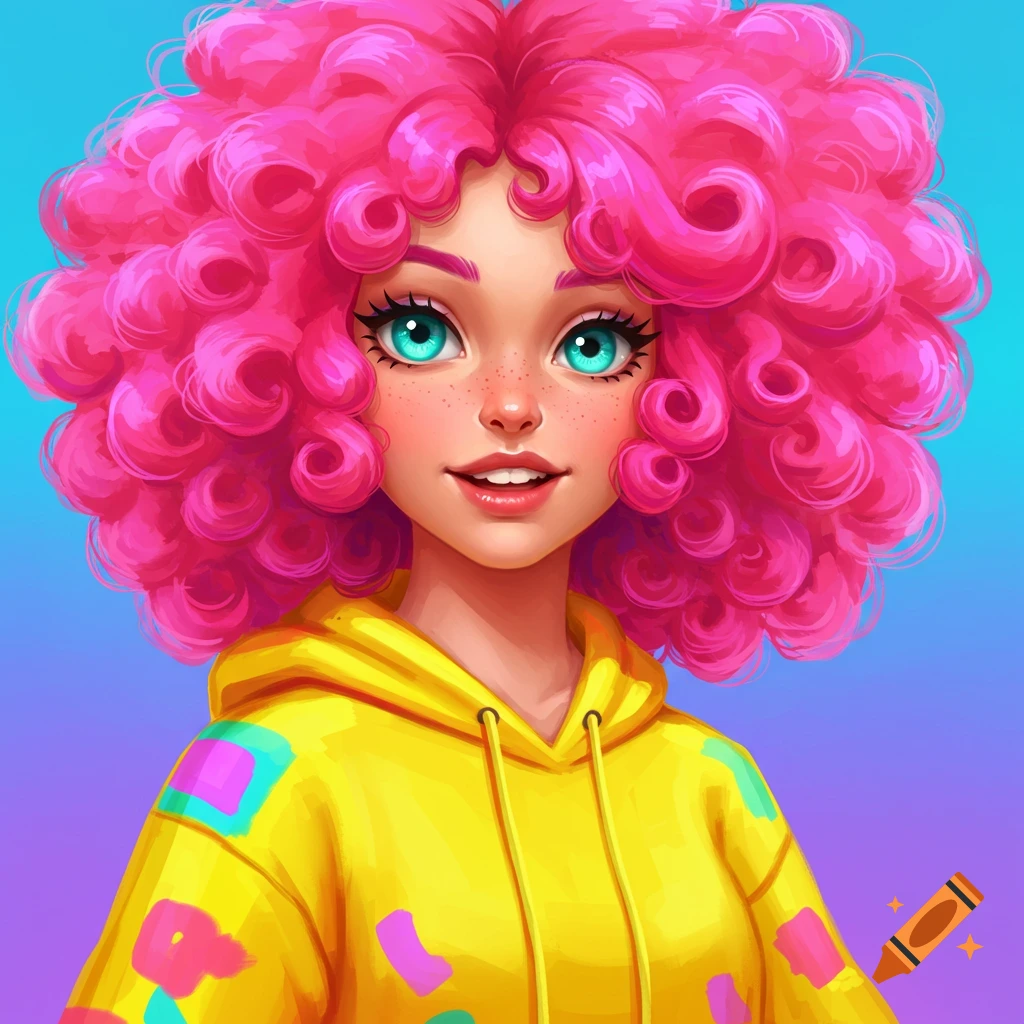 A woman with pink curly hair is wearing a yellow hoodie.