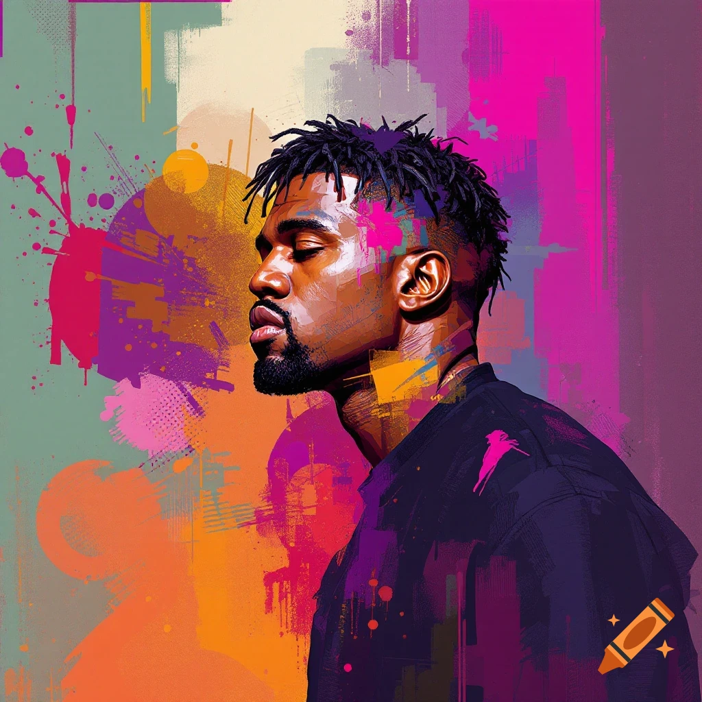 Portrait of a man's profile with dreadlocks and beard against a colorful abstract background.