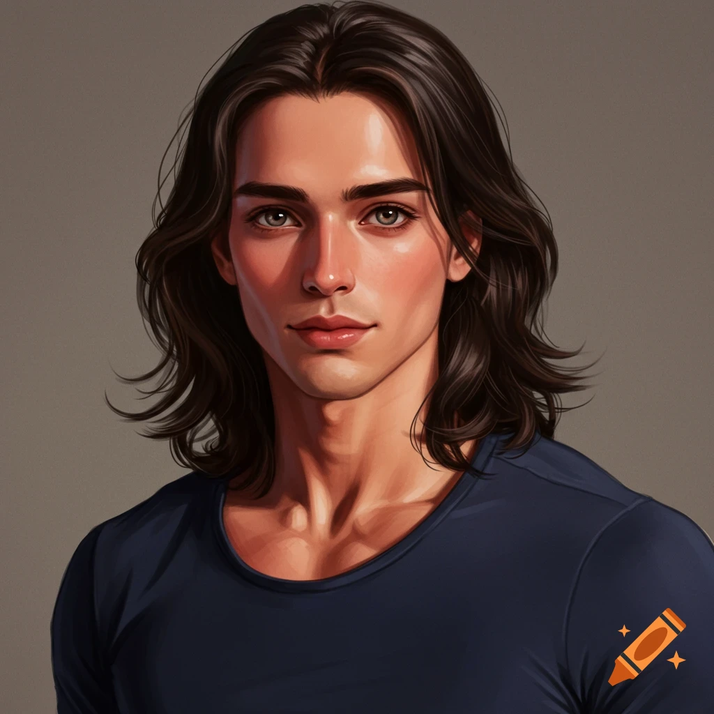 A man with long dark hair, soft features, and a muscular build, wearing a dark shirt.