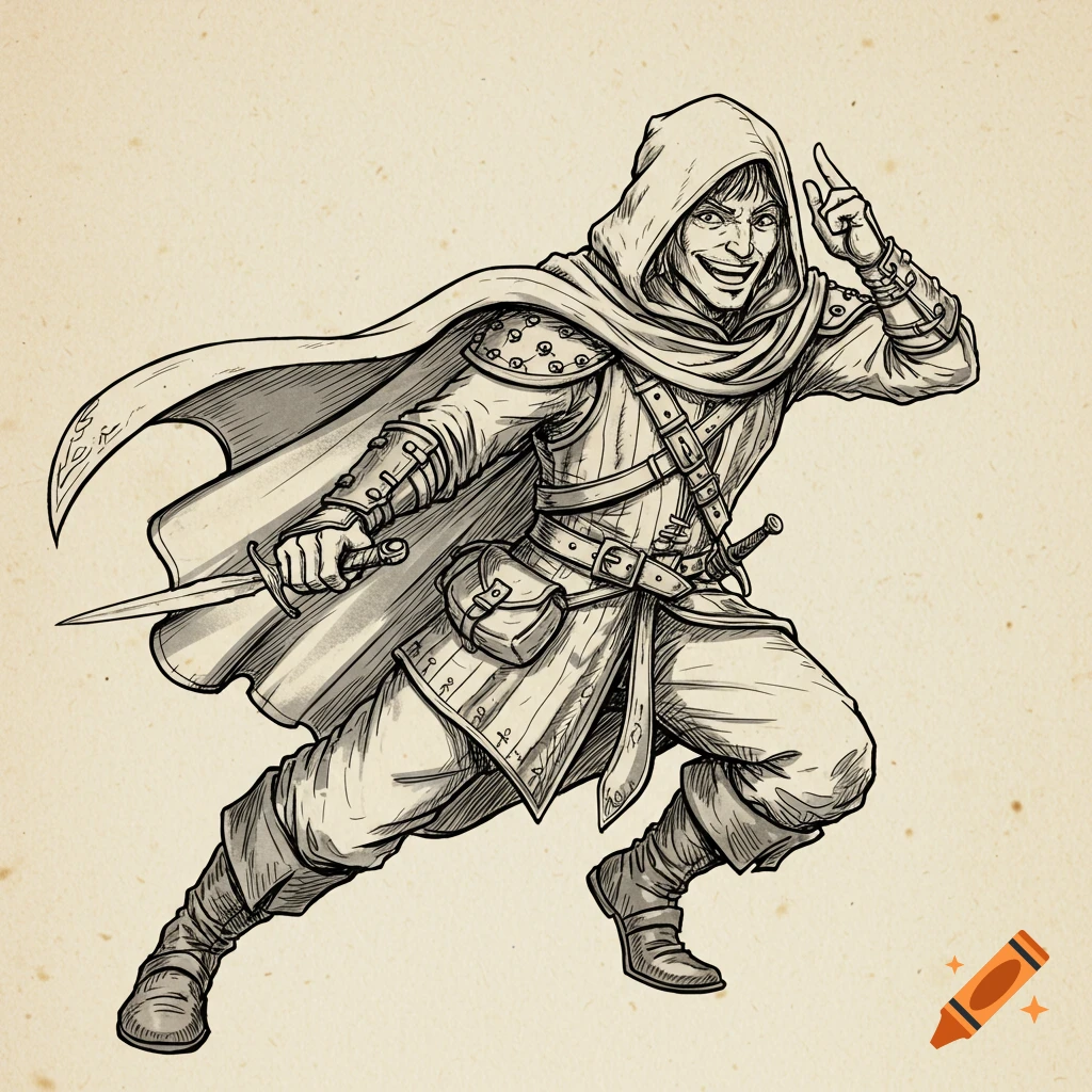 Hand-drawn illustration of a fantasy rogue character running with a dagger.