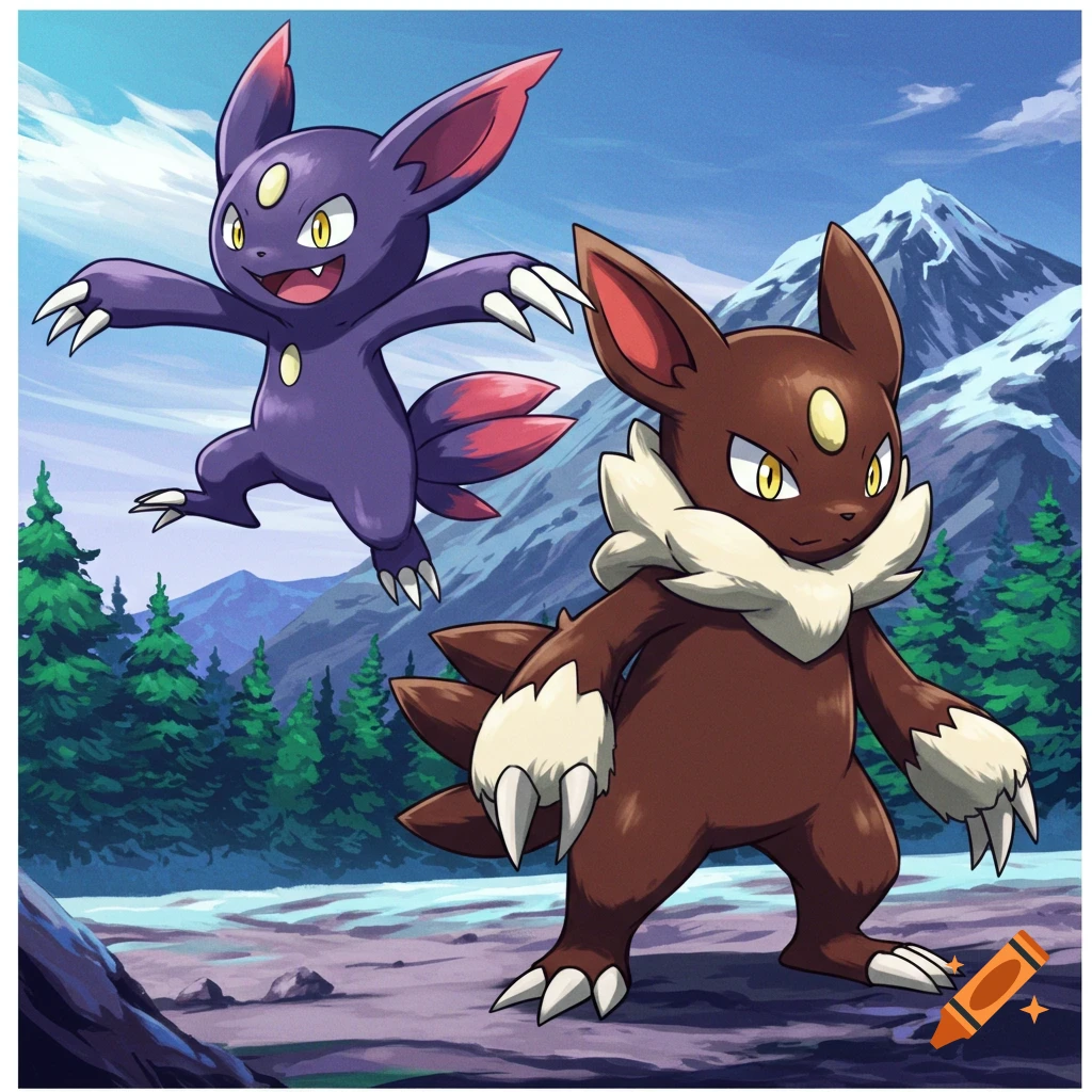 Two Pokemon, a purple Sneasel and brown Hisuian Sneasel, in a snowy mountain landscape. Digital art.