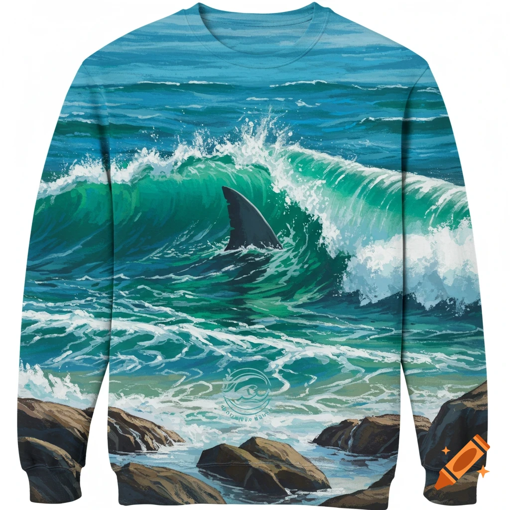 A shark fin in a large green wave on a sweater with rocks at the bottom.