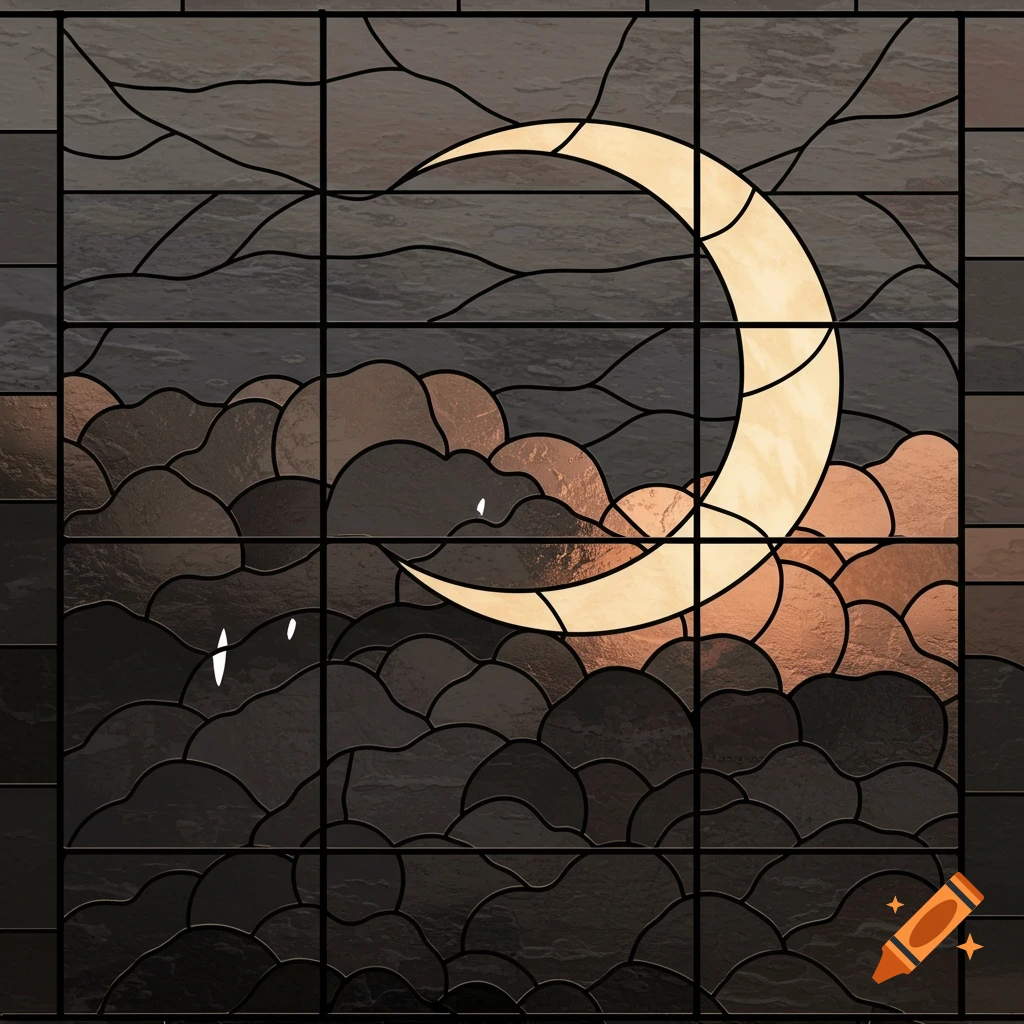 Stained glass art of a crescent moon behind clouds.