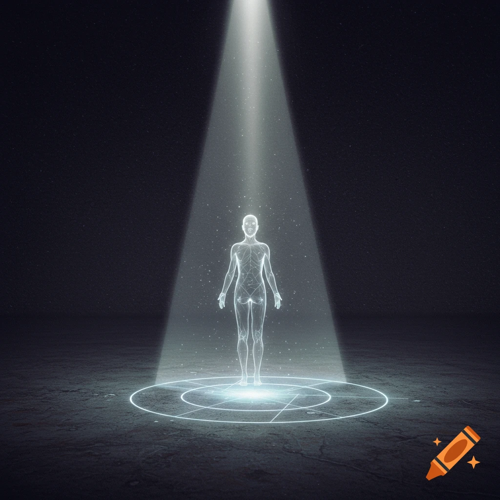 A glowing wireframe figure stands in a spotlight on a dark ground with glowing rings.