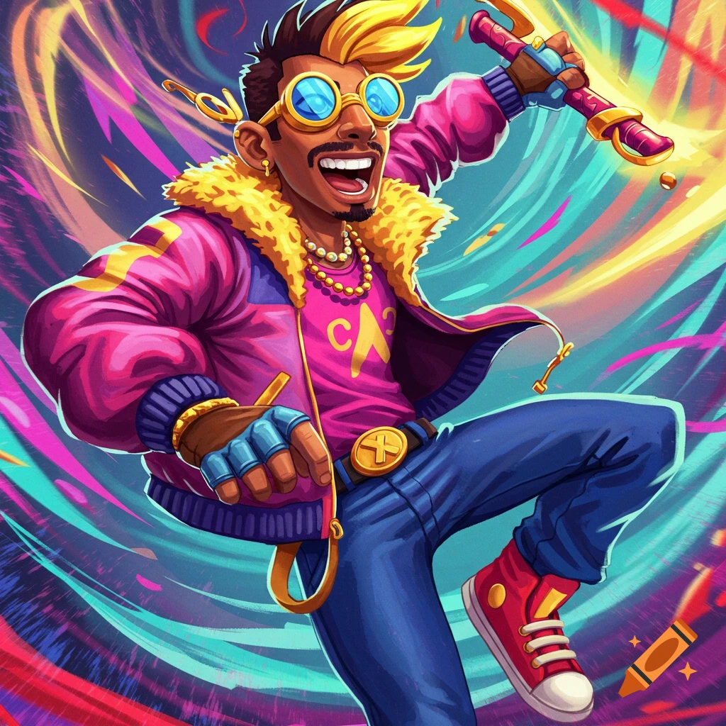 Stylized man jumping in vibrant pink jacket and goggles against colorful background.