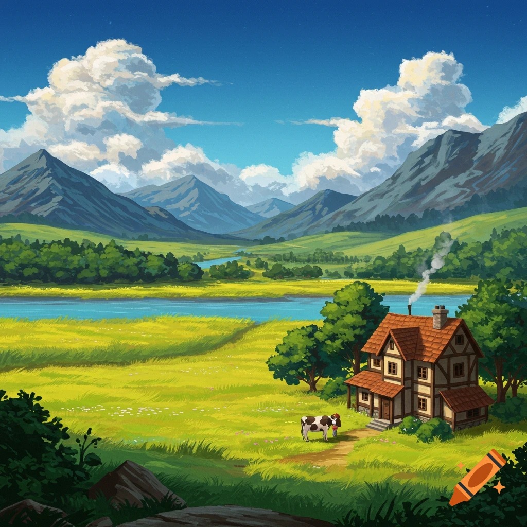A cottage and a cow are in a grassy field beside a river. There are mountains and clouds.