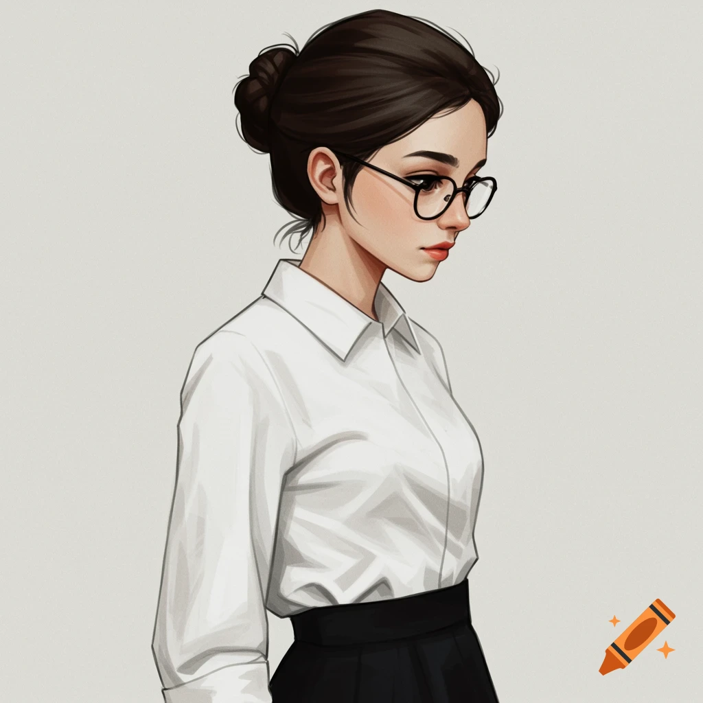 A young woman with glasses, dark hair in a bun, white blouse, and black skirt, looking down.