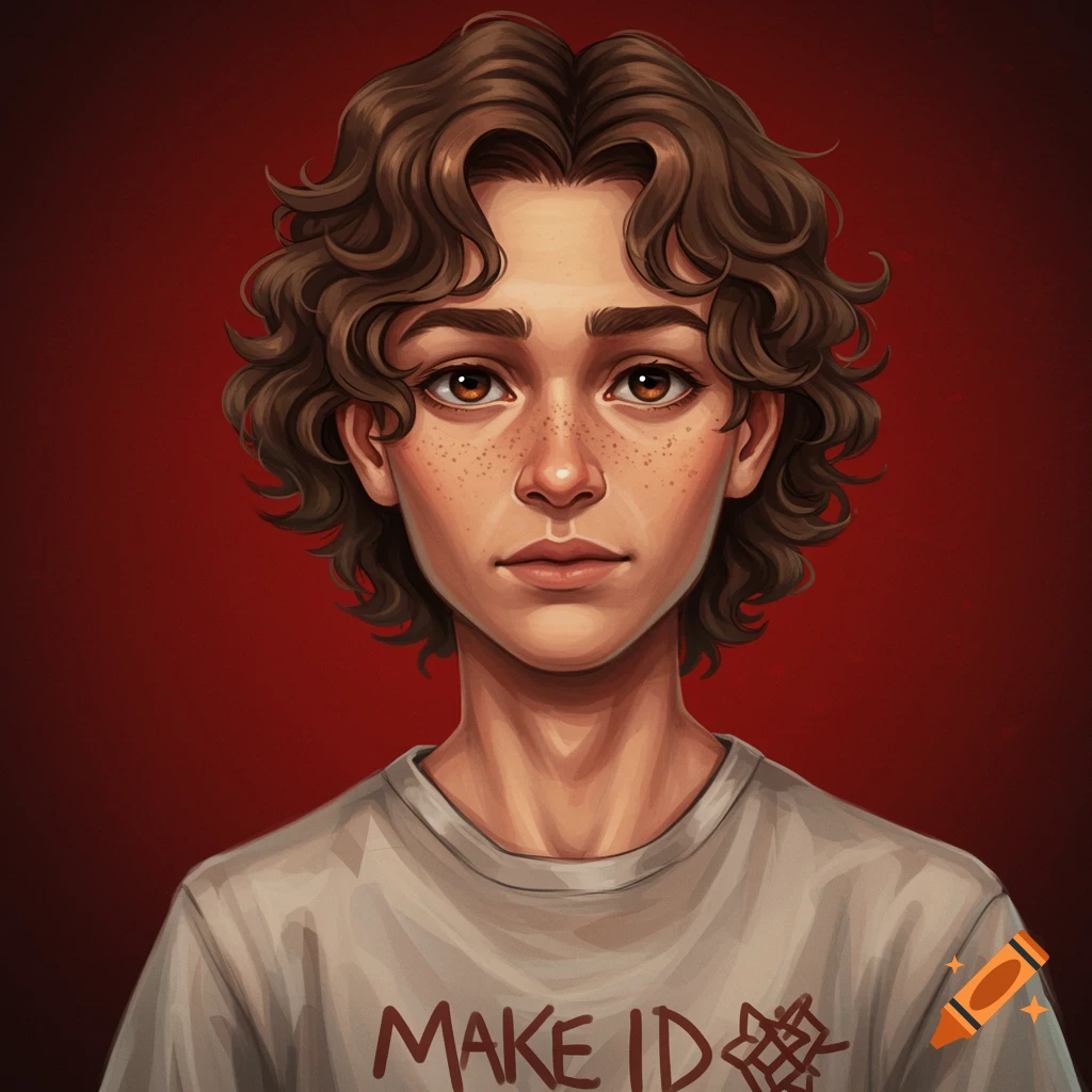 A young person with curly brown hair and freckles is wearing a shirt with text and a symbol.