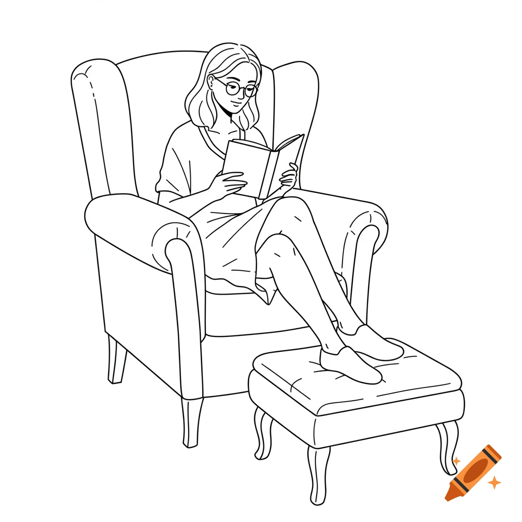 Outline drawing of a woman sitting in an armchair reading a book, with her feet on a footstool.